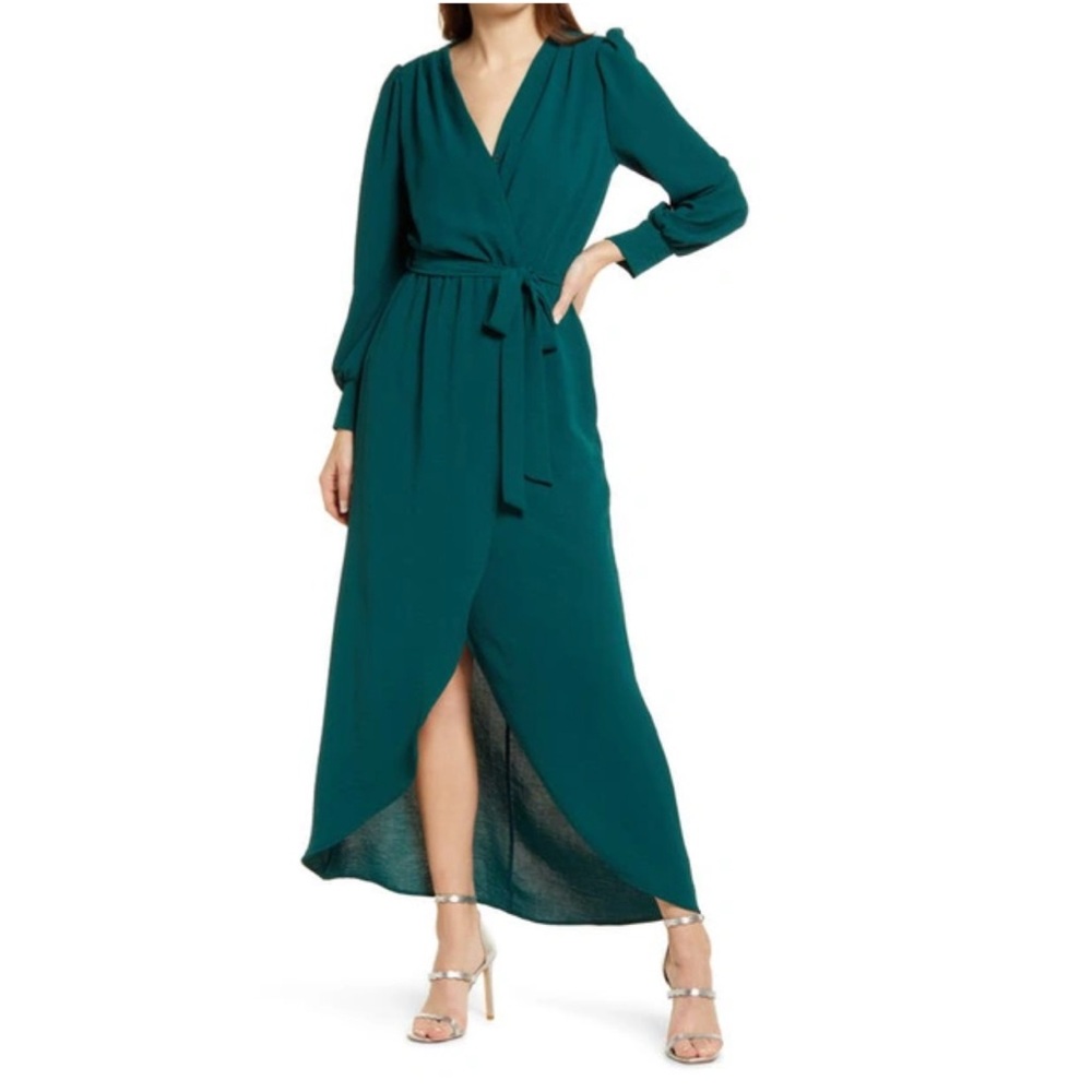 Fraiche By J Wrap Front Long Sleeve Dress Dark Green Size Small